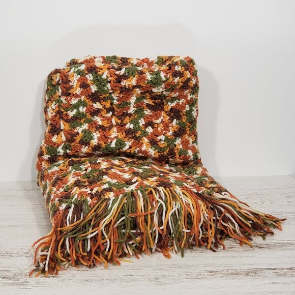 Chunky Crochet Blanket Fall Autumn Colors  Tassled   Brown Orange Green White - Picture 1 of 3